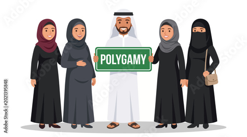 Tableau sur toile Arab man holding a sign that says polygamy surrounded by four wives in traditional clothing