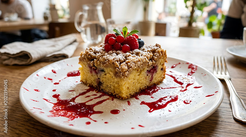 Delicious slice of cake with berries on a white plate in a restaurant setting transparent background