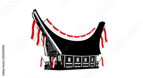 Bilde på lerret Illustration of a Traditional Toraja Tongkonan House with Indonesian Flags