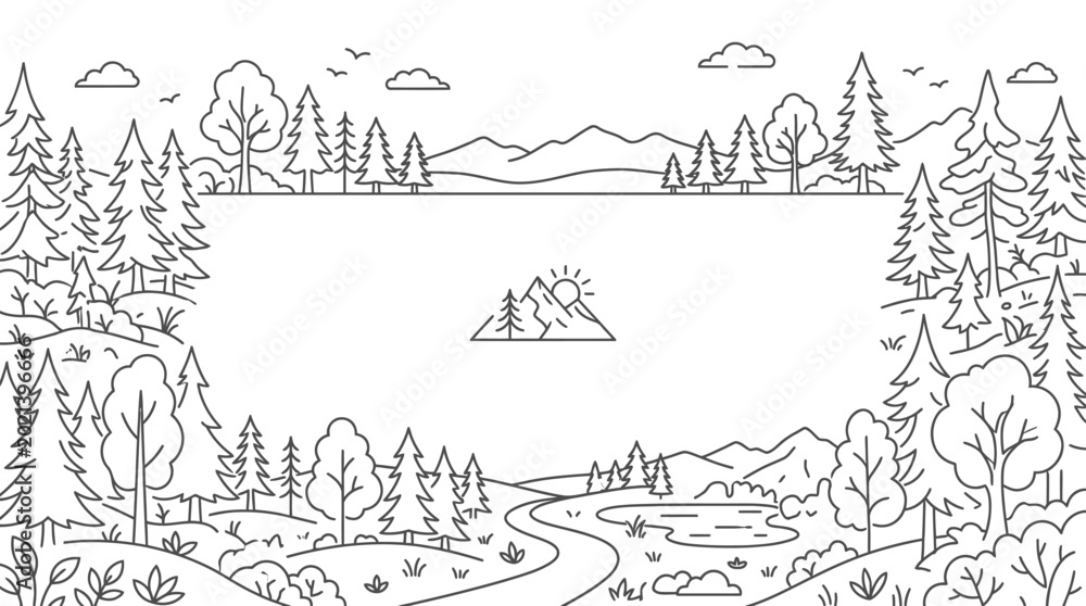 Obraz premium Black and white line art illustration of a serene mountain lake landscape.