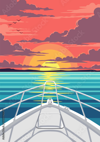 Stunning sunset over the ocean viewed from a boat with vibrant colors and dramatic clouds, a perfect travel scene