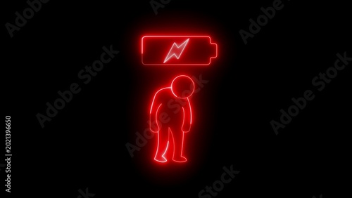 Photography Bright red neon light outline of a slumped person standing under a low battery o