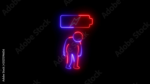 Φωτογραφία Dual color neon outline of a tired person in blue and red standing under a low b