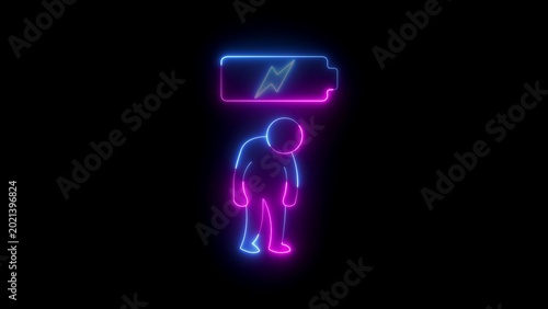 Canvas Print Neon outline of a tired person standing beneath a glowing battery with a lightni