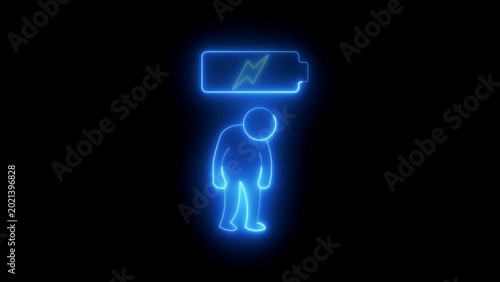Принти на полотні Neon blue glowing outline of a tired person standing under a low battery symbol