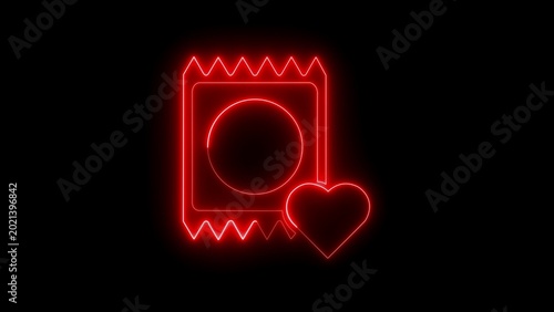 Konstfotografi Radiant red neon featuring a condom packaging and a heart shape set against a da