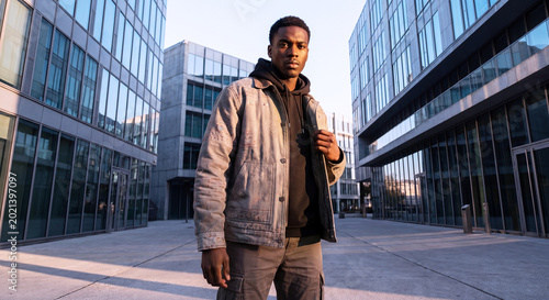 handsome young black man in stylish casual jacket standing between modern glass office buildings during sunset representing urban fashion street style confident male identity and city lifestyle