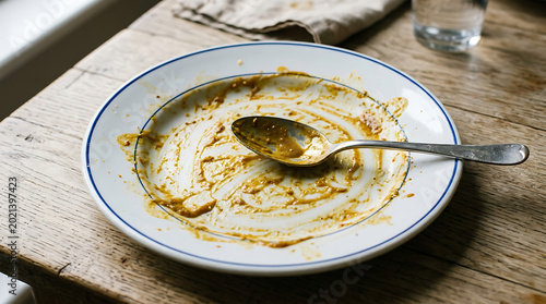 Dirty plate with spoon on wooden table after eating meal transparent background
