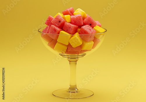 A vibrant glass bowl filled with fresh cubed watermelon and mango pieces