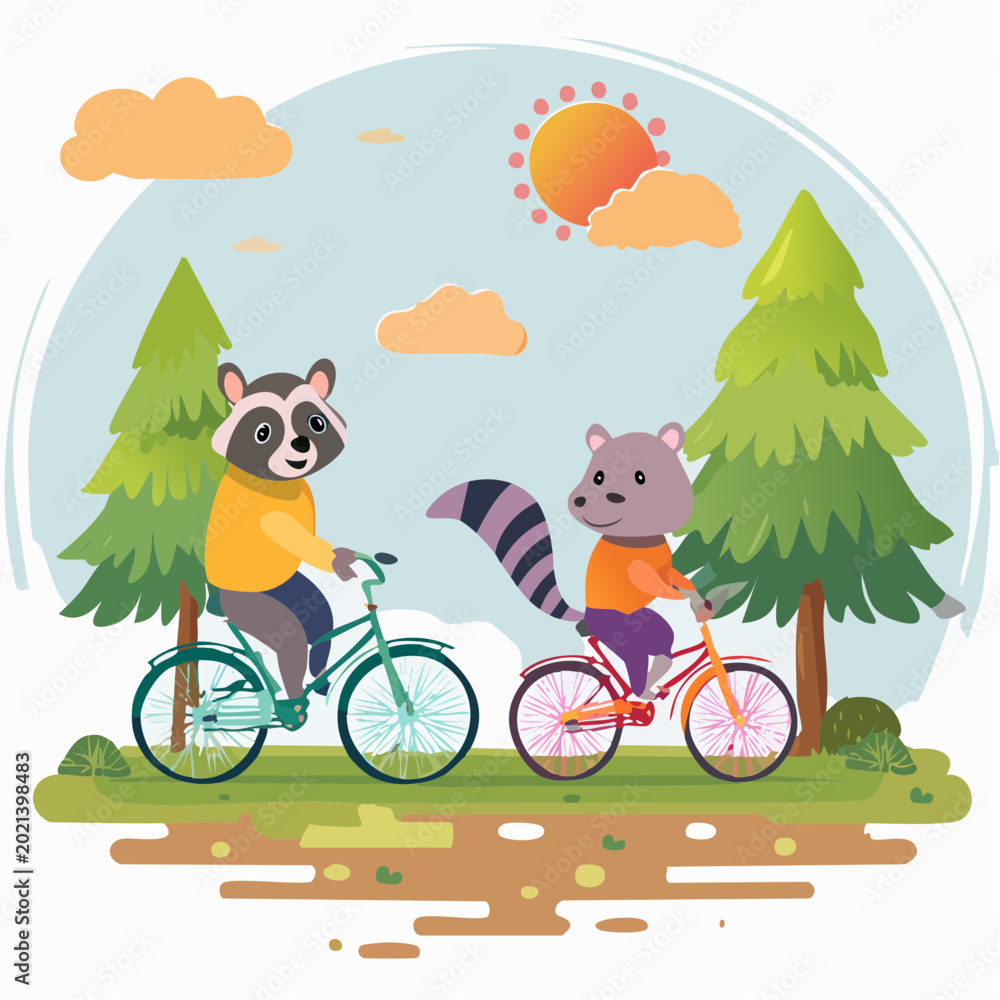 Obraz premium Cute Raccoons Riding Bicycles in Nature