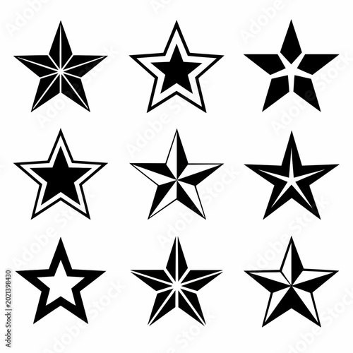 Collection of nine stylized black and white star with varied