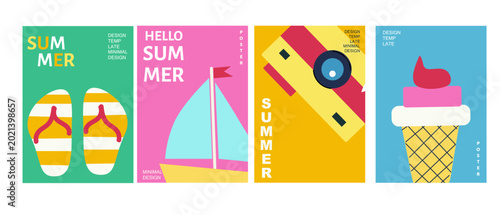 Bright Summer Poster Set. Minimalist geometric design. Vector set for beach vacation covers. Summer time concept with flip flop, boat, photo camera and sundae ice cream.