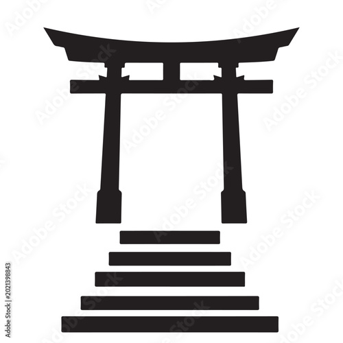 Fotografie Black silhouette vector icon of a Japanese Torii gate with steps