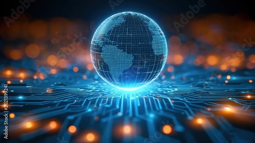 Digital globe of Earth with grid lines glowing blue hovering above futuristic circuit board with orange and blue lights representing technology and global network connectivity