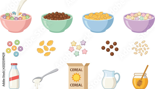 Bild auf Leinwand Breakfast cereal collection with milk, honey and colorful grain bowls cartoon ve