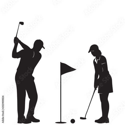 Silhouette of a man and woman playing golf with a flag and ball. Representing sports competition, leisure activities, and outdoor hobbies