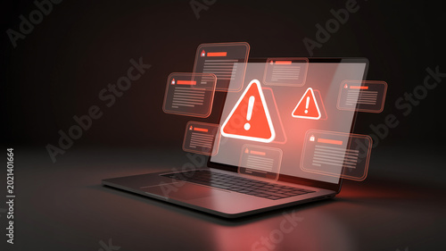 Cyber security concept with a laptop showing multiple red warning alert notifications