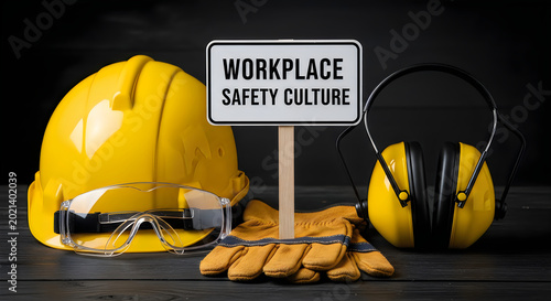 Yellow hard hat safety glasses gloves and earmuffs on dark wooden surface with workplace safety culture sign