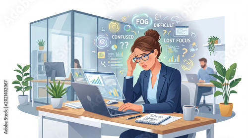 Professional woman experiencing brain fog and concentration problems at work