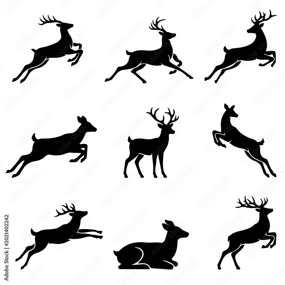 Fototapeta premium Set of elegant black deer silhouettes featuring dynamic actions like leaping and running isolated on white background showing majestic forest animals suitable for decorative patterns or hunting logos