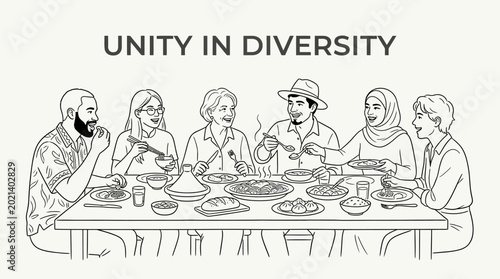 Foto Diverse group of people eating together at a dinner table.