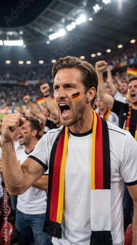 Happy young man with the German flag painted on his cheek, smiling and pointing to his face, supporting the national football team