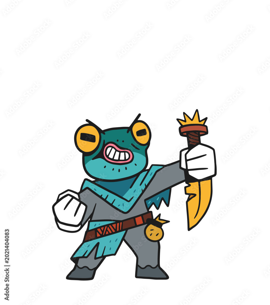Obraz premium Cartoon frog character with sword in warrior attire t-shirt design
