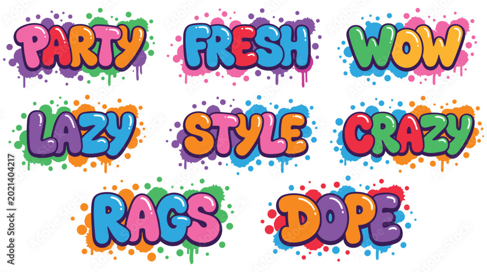 Naklejka premium Colorful bubble graffiti text set with creative street art lettering.