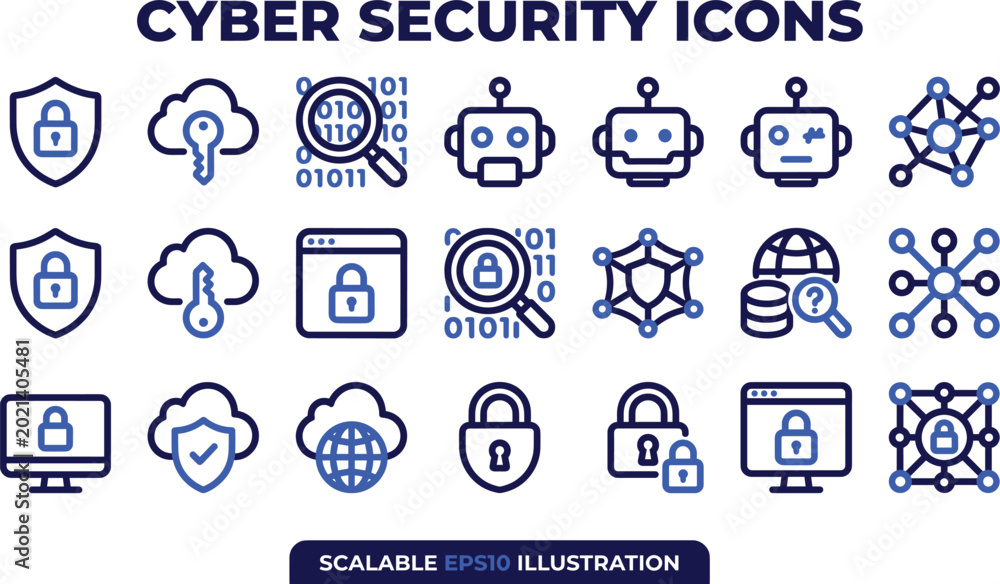 Fototapeta premium Cyber Security Line Icons Set with Cloud Protection Network Encryption and Digital Privacy Technology Symbols