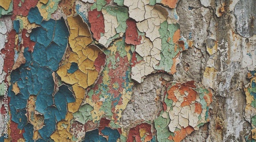 Close-up of peeling multicolored paint on a surface.