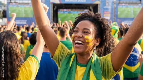 Happy young Brazilian woman with green and yellow face paint smiling and celebrating with the national flag in the background