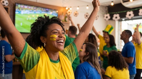 Happy young Brazilian woman with green and yellow face paint smiling and celebrating with the national flag in the background