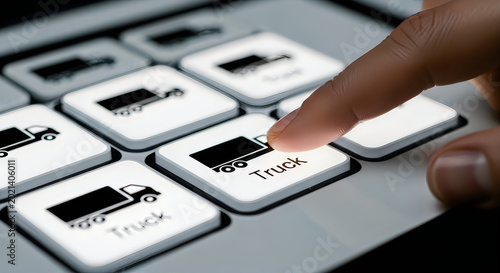 Hand selecting a truck on a digital interface with multiple vehicle options displayed