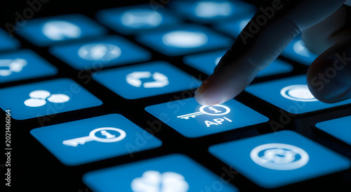 Finger pressing a glowing blue API on a dark digital interface with multiple