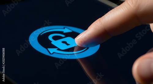 Finger touching a glowing blue lock with circular arrows on a dark digital screen