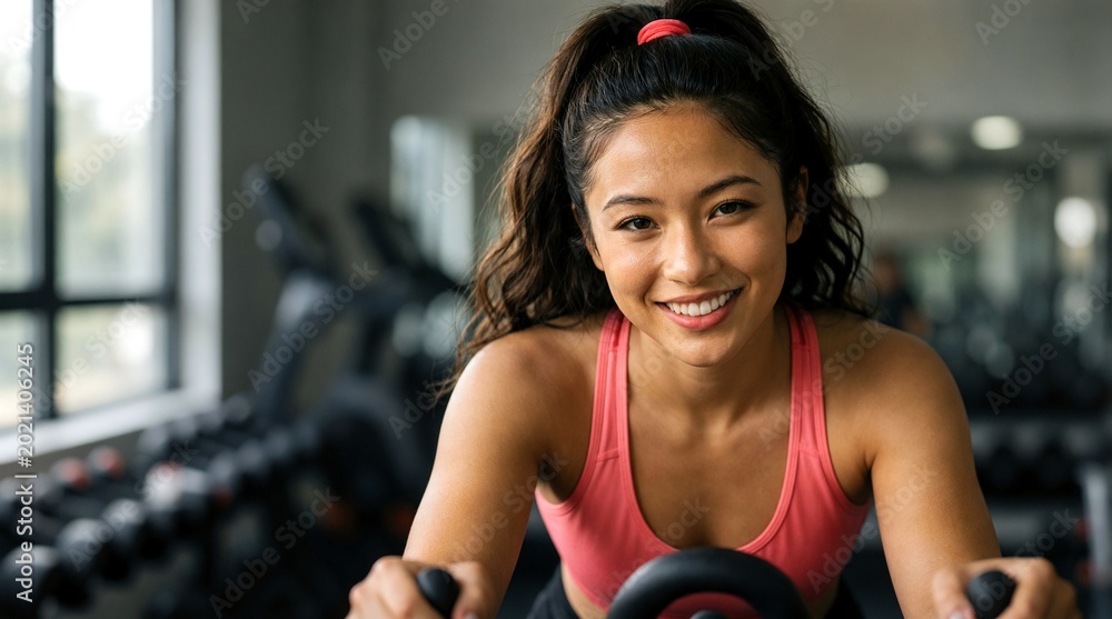 Fototapeta premium Happy young Asian woman smiling while exercising on a stationary bike in a modern gym, focusing on fitness and a healthy lifestyle.