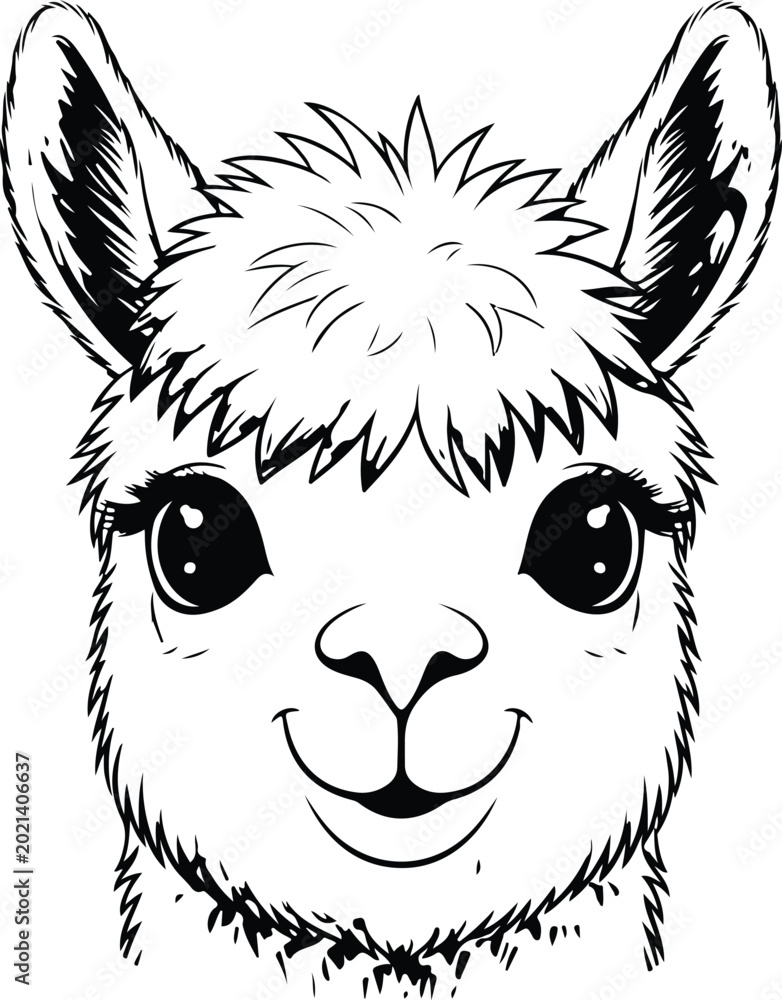 Fototapeta premium Whimsical sketch of a smiling alpaca with distinctive tufted ears Vector, illustration