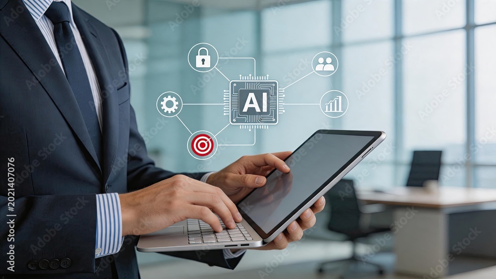 Fototapeta premium Businessman using tablet with artificial intelligence AI chip hologram, futuristic technology and digital transformation concept for smart automation and data security.