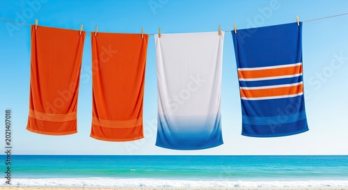 Four colorful towels drying on a clothesline at the beach