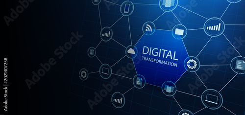 Digital Transformation: A conceptual visualization highlighting digital transformation, with interconnected icons and a central hub emphasizing the transition to a modern.