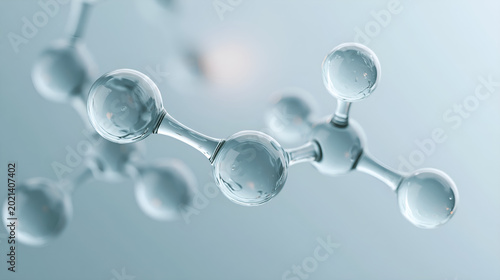 a close up low angle medium shot captures a 3d scientific illustration of a molecular structure against a light blue background resembling a blurry light source in the upper center