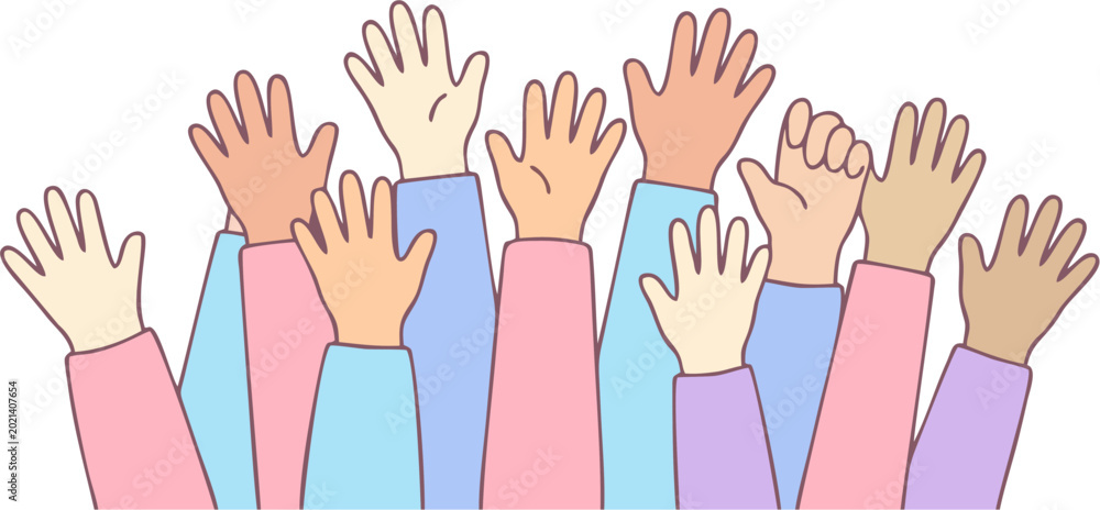 Fototapeta premium Diverse Raised Hands Illustration Representing Community Participation, Inclusion and Teamwork