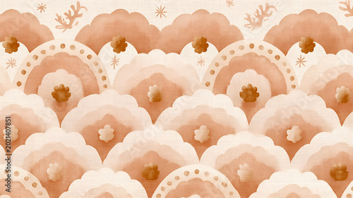 a seamless pattern features rows of fan shaped designs and small abstract shapes on a light beige background