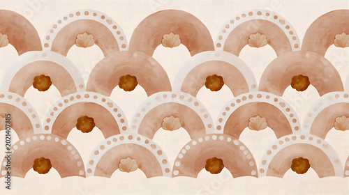 a seamless pattern features rows of fan shaped designs and small abstract shapes on a light beige background