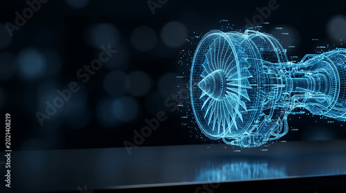Holographic Digital Twin of Jet Engine Wireframe with Blue Data Points