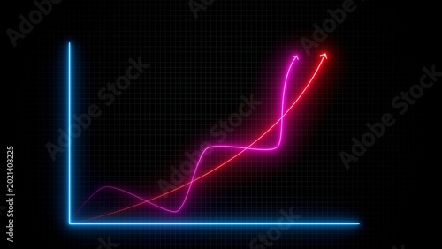 Billede på lærred Glowing blue neon axis frame with magenta and red upward trending lines on a dar