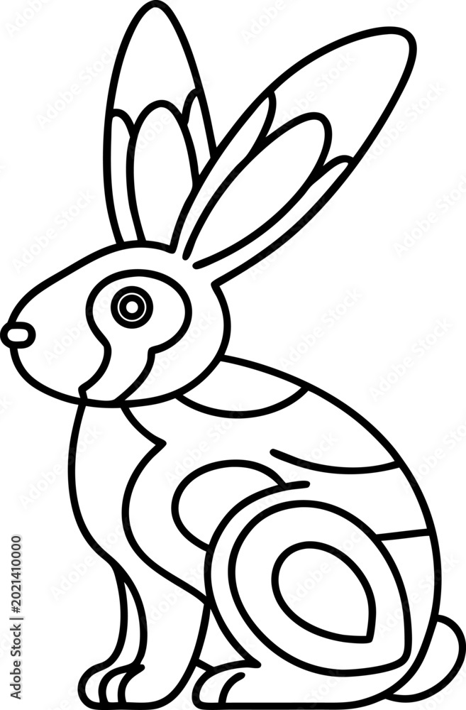 Obraz premium Stylized rabbit line drawing with abstract decorative patterns, animal outline coloring page design
