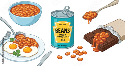 Baked Beans Vector Illustration Set with Tin Can Bowl Spoon Fried Eggs Breakfast and Weird Chocolate Food Pairing for Creative Culinary Designs