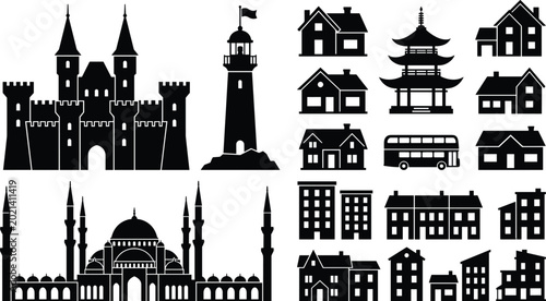 Obraz na płótnie Silhouette Set of Diverse Architecture Elements Including Castle Mosque Lighthou