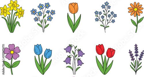 Foto Spring Flower Vector Illustration Set Featuring Tulip Daffodil Lavender Bellflow